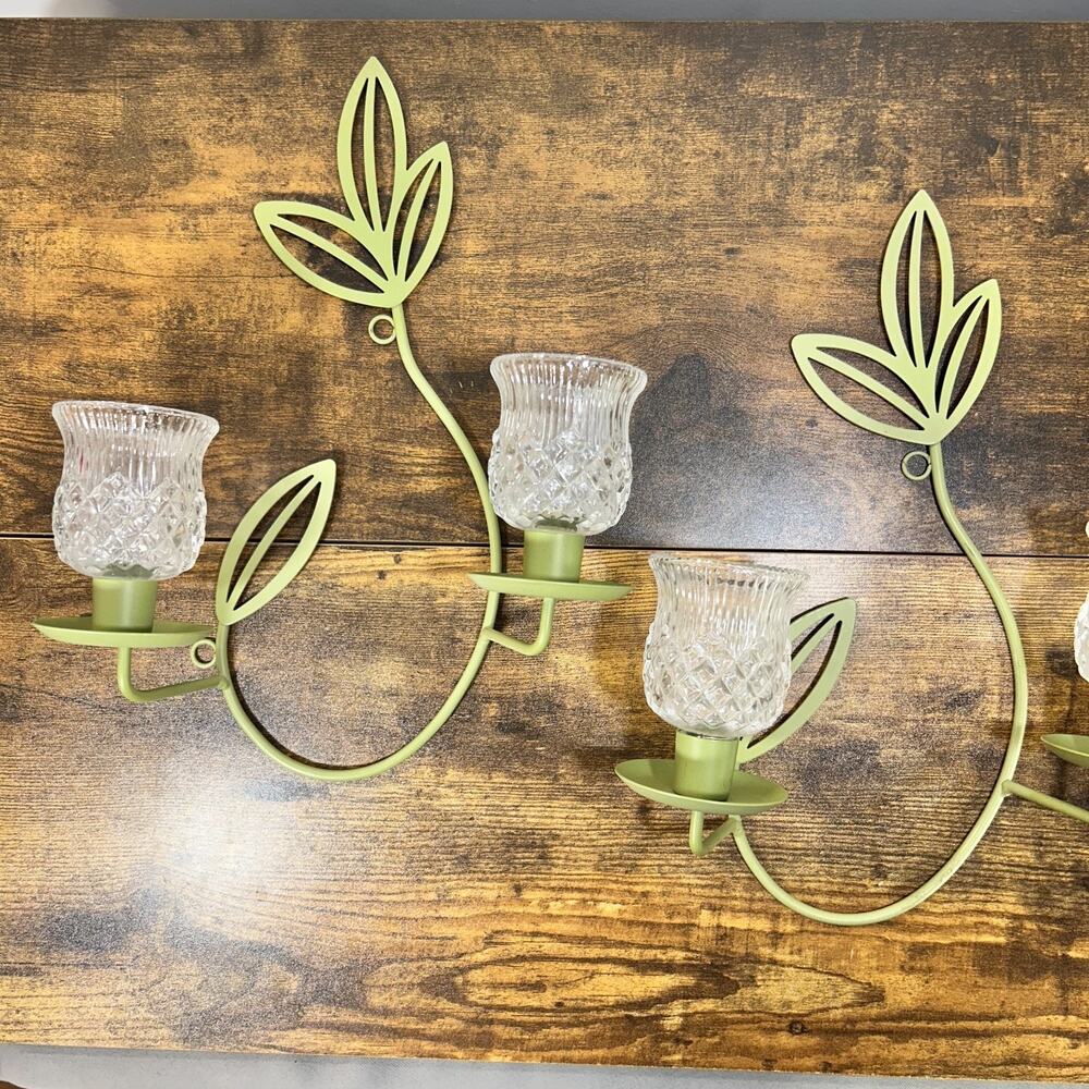 PartyLite Herbal Spring Wall Sconce Green Metal Leaves Votive Cups Retired PAIR